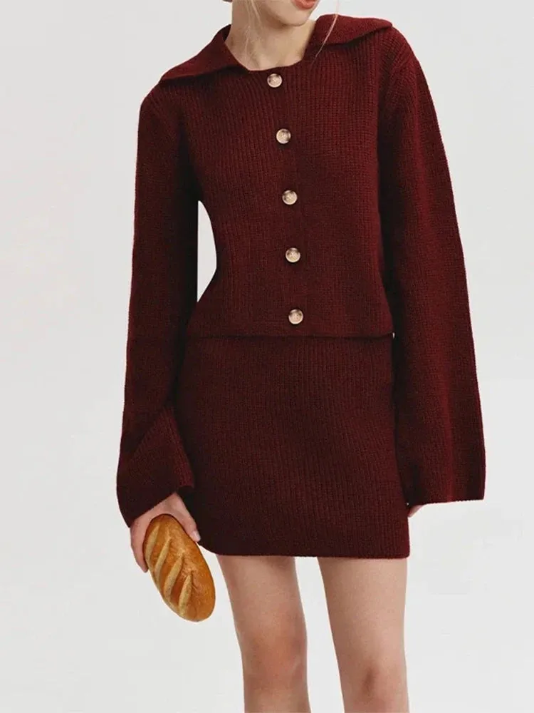 TAVIMART  -  fashion Lapel Single Breasted Knitted pullover Set women chic Long Pagoda Sleeve Short Skirt suit Lady Fall Two Piece Outfits