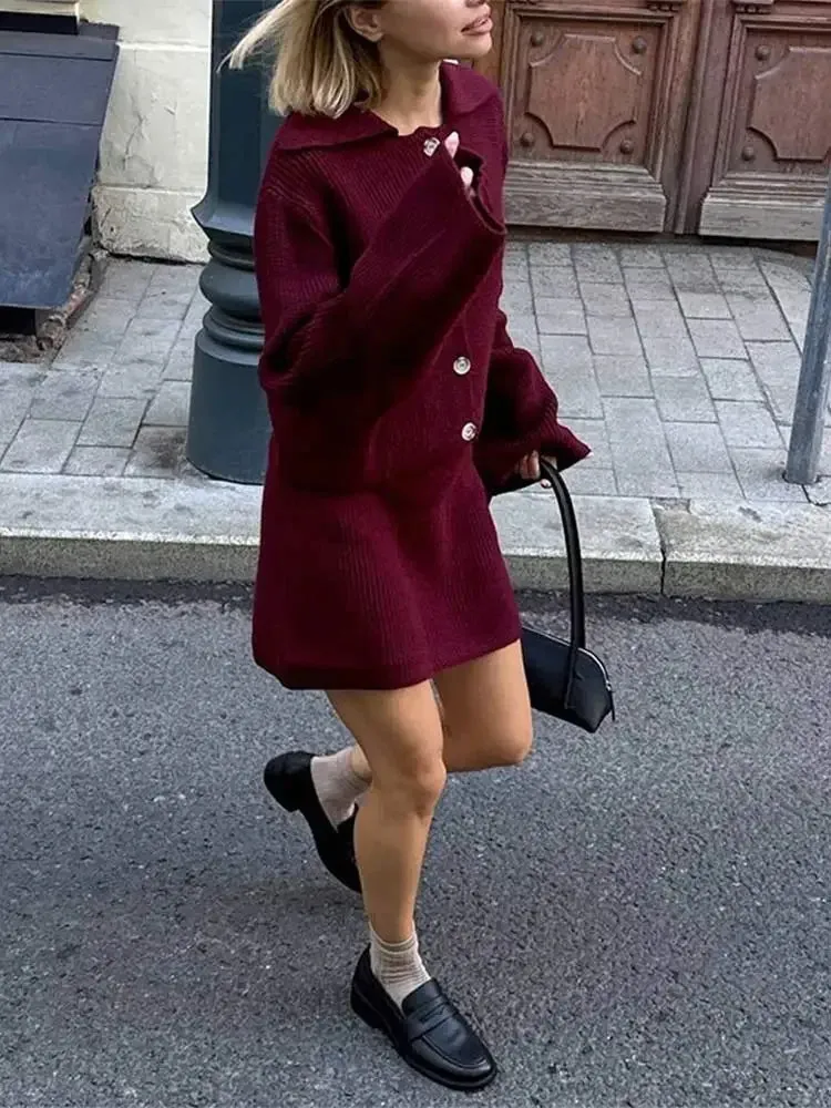 TAVIMART  -  fashion Lapel Single Breasted Knitted pullover Set women chic Long Pagoda Sleeve Short Skirt suit Lady Fall Two Piece Outfits