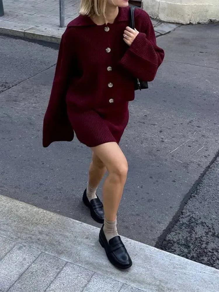 TAVIMART  -  fashion Lapel Single Breasted Knitted pullover Set women chic Long Pagoda Sleeve Short Skirt suit Lady Fall Two Piece Outfits
