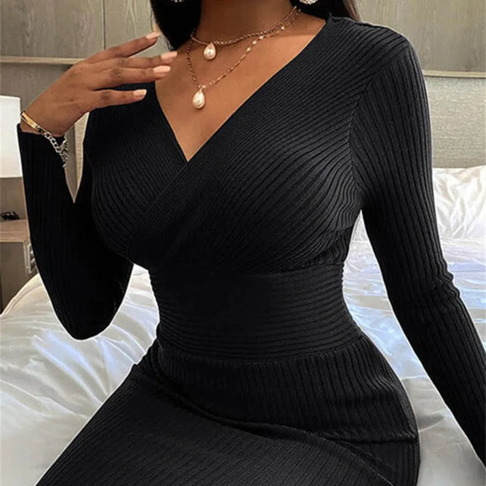 TAVIMART  -  Plus Size V Neck Solid Split Joint Bodycon Sweater Midi Dress