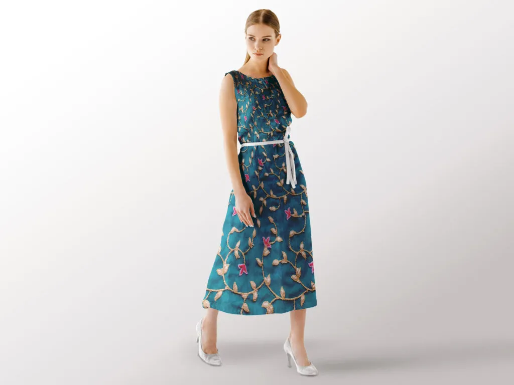Teal Blue Golden Gota Patti Flowers Embroidered Georgette Fabric