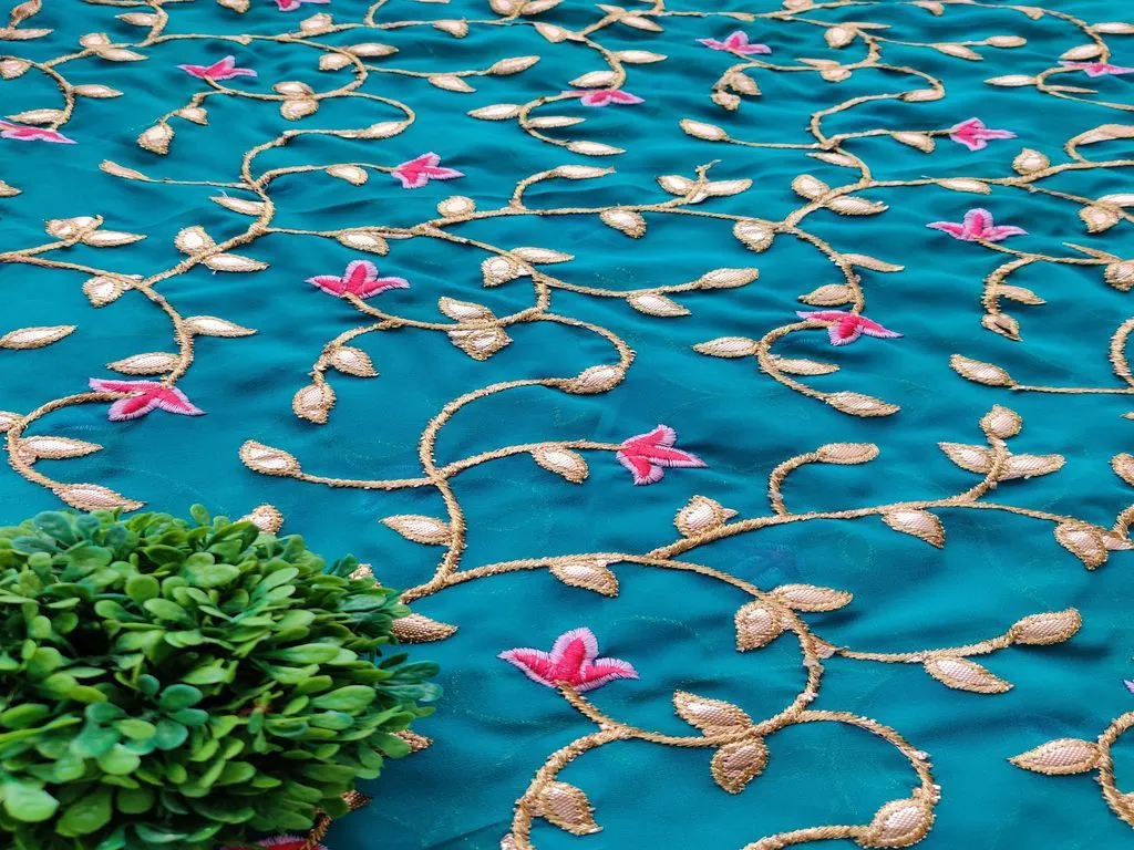 Teal Blue Golden Gota Patti Flowers Embroidered Georgette Fabric