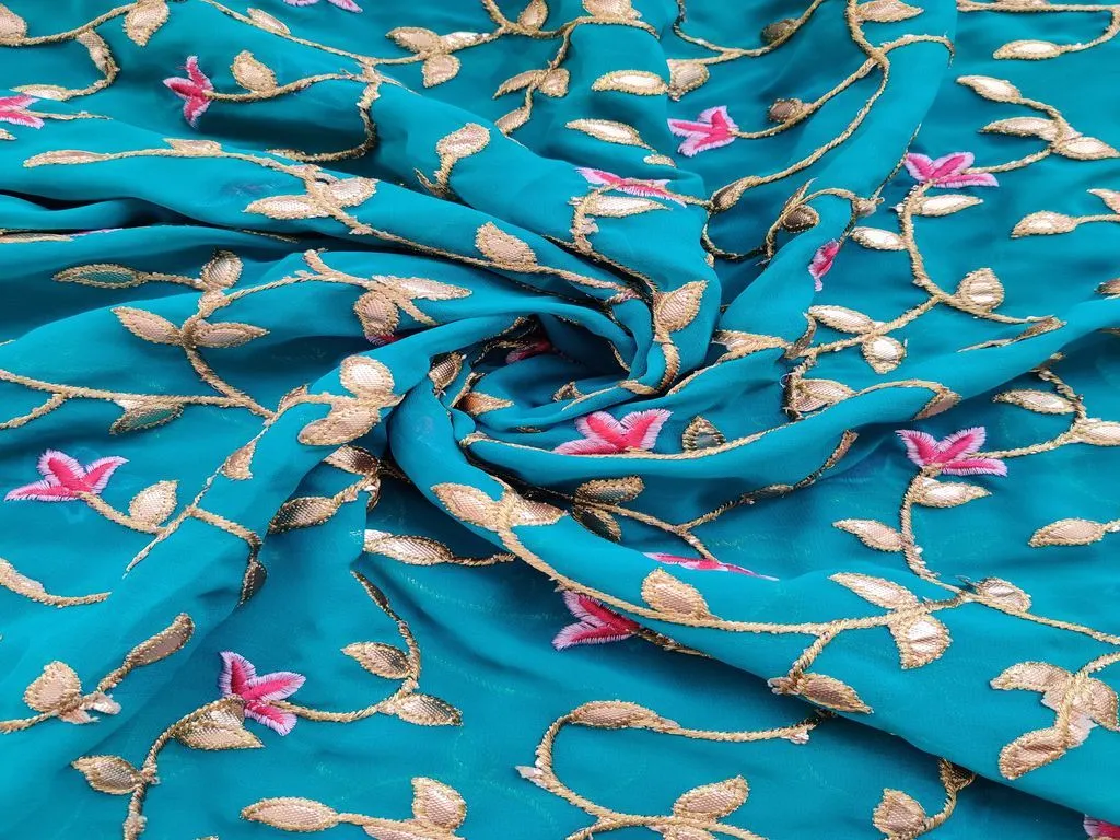 Teal Blue Golden Gota Patti Flowers Embroidered Georgette Fabric