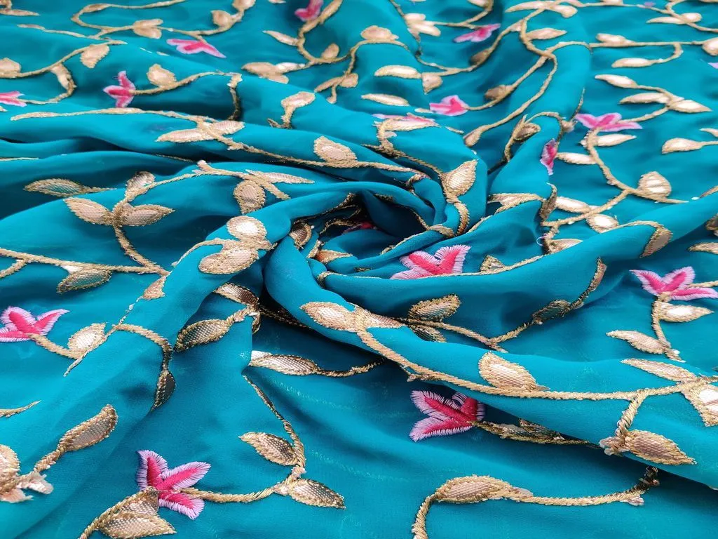 Teal Blue Golden Gota Patti Flowers Embroidered Georgette Fabric