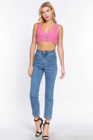 Textured Crop Sweater Tank Pink Top