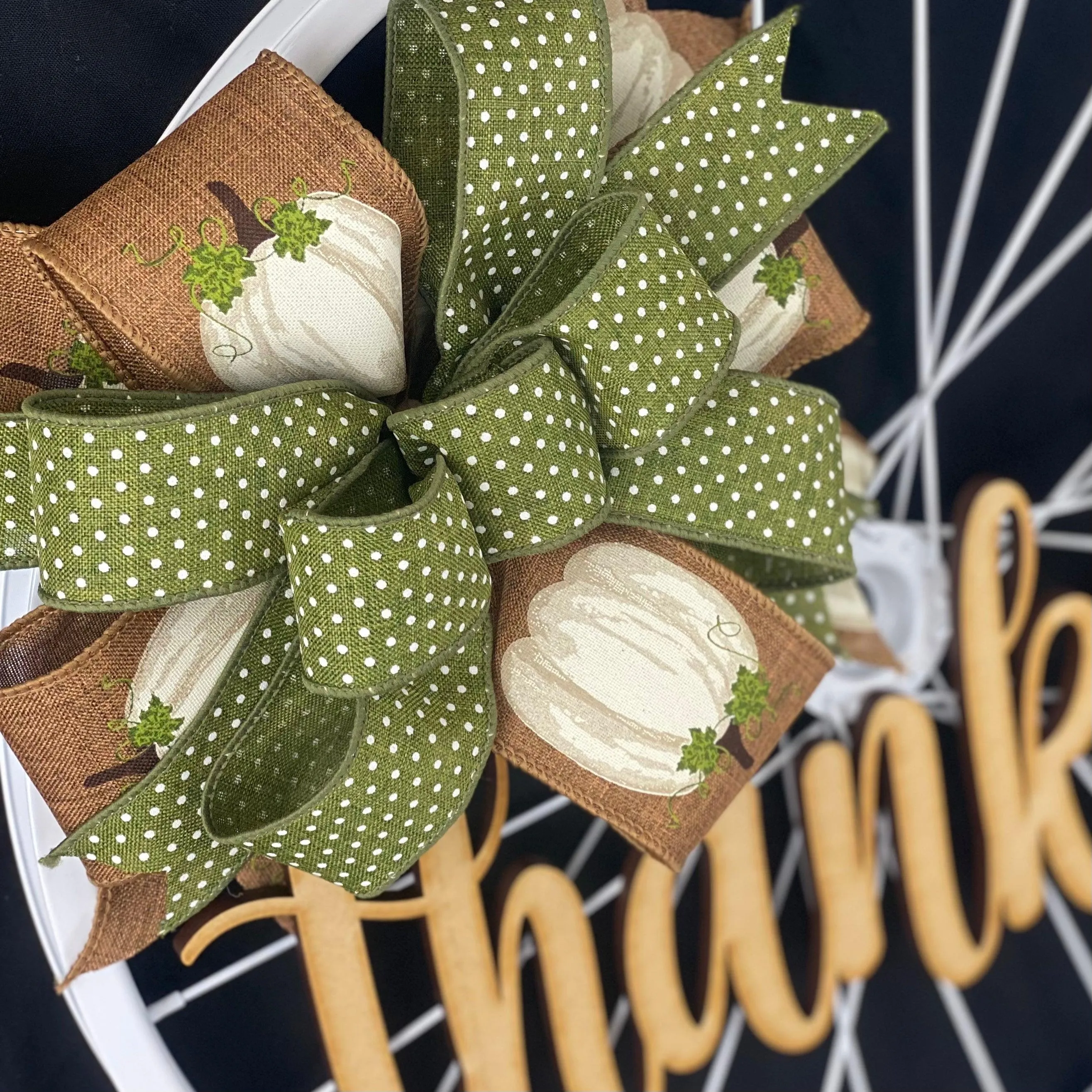 Thanksgiving Thankful Bike Rim Door Hanger - Farmhouse Round Front Porch Decor - White Brown Pumpkin Rustic