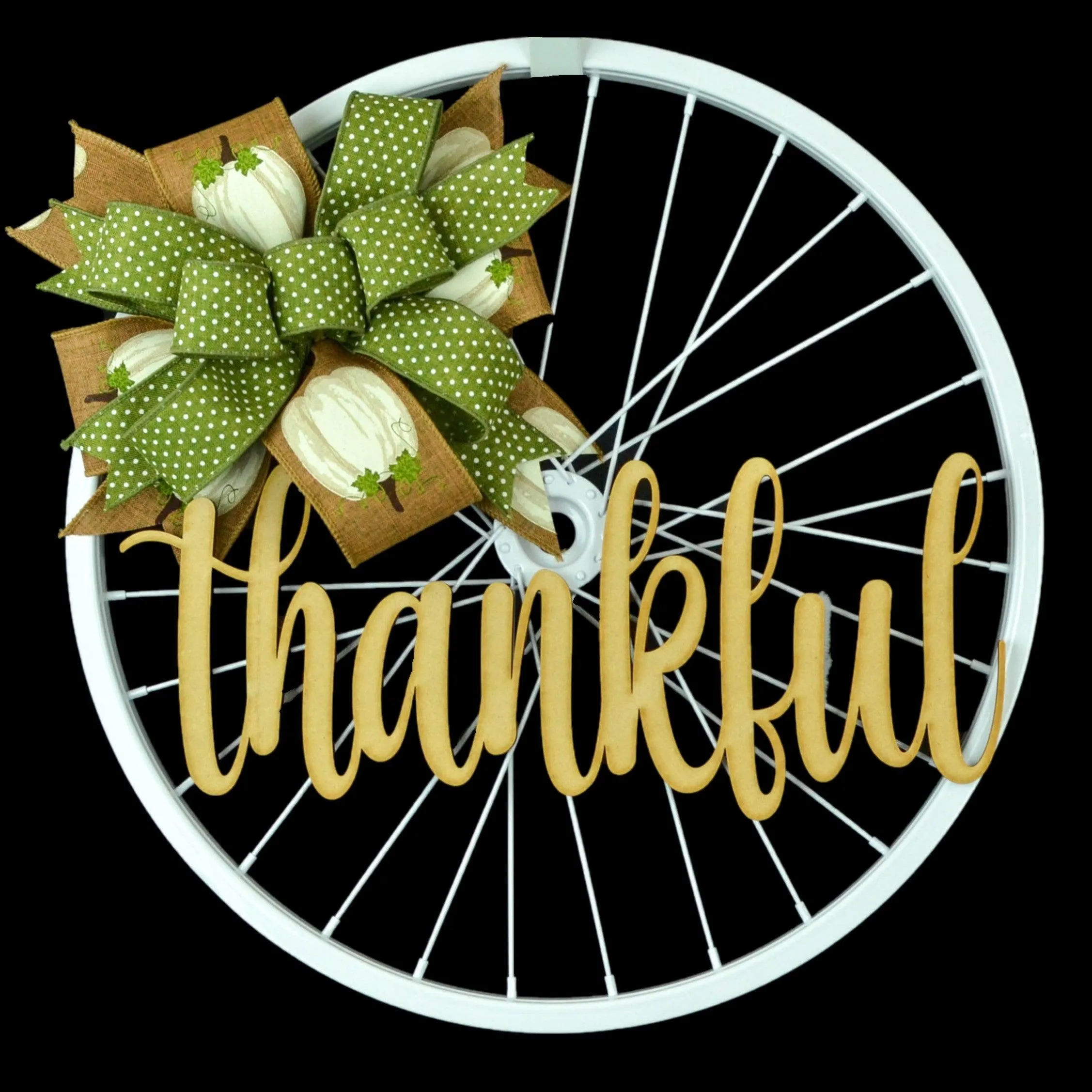 Thanksgiving Thankful Bike Rim Door Hanger - Farmhouse Round Front Porch Decor - White Brown Pumpkin Rustic