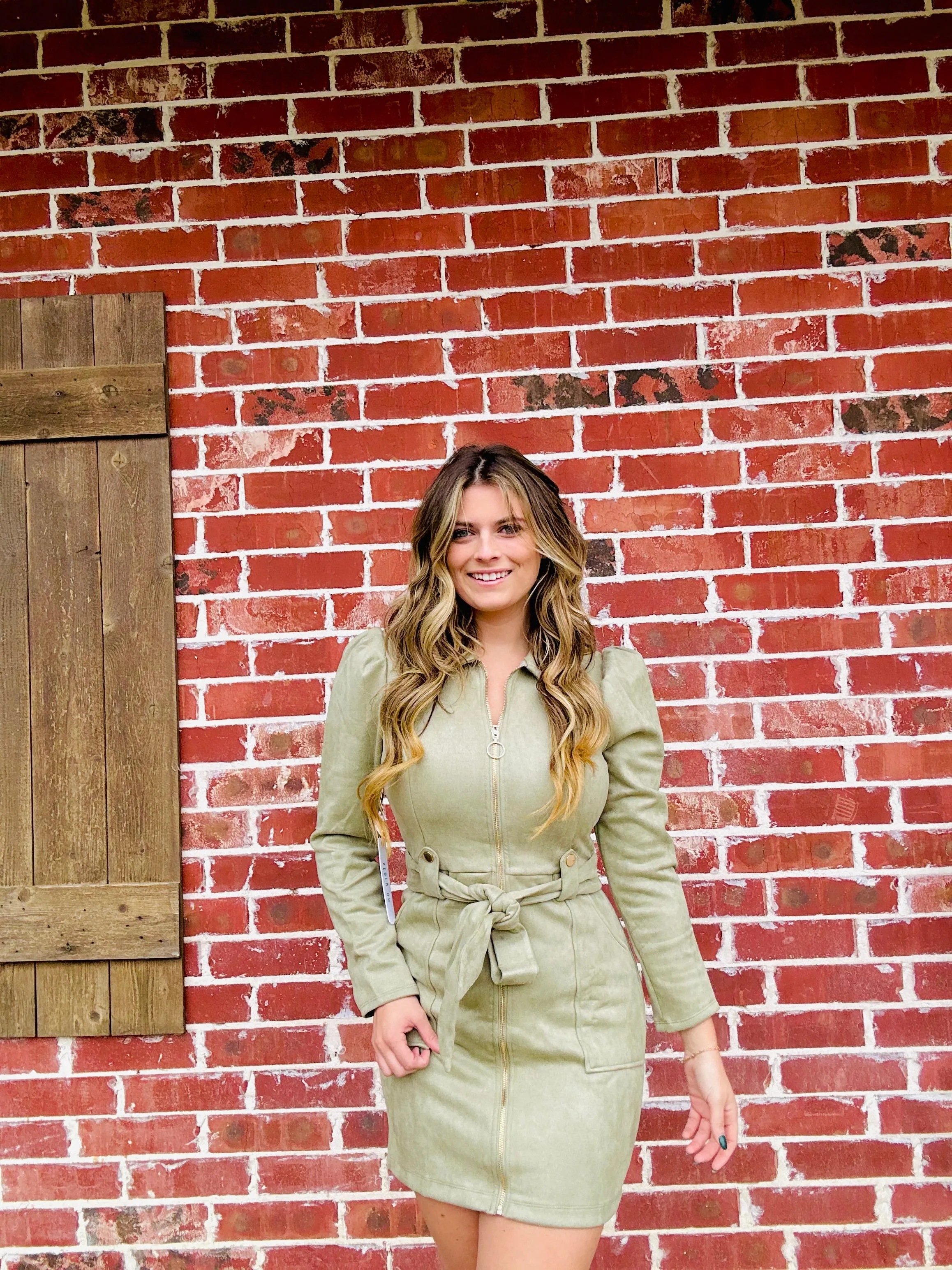 The Suede Luxe Puff Sage Dress