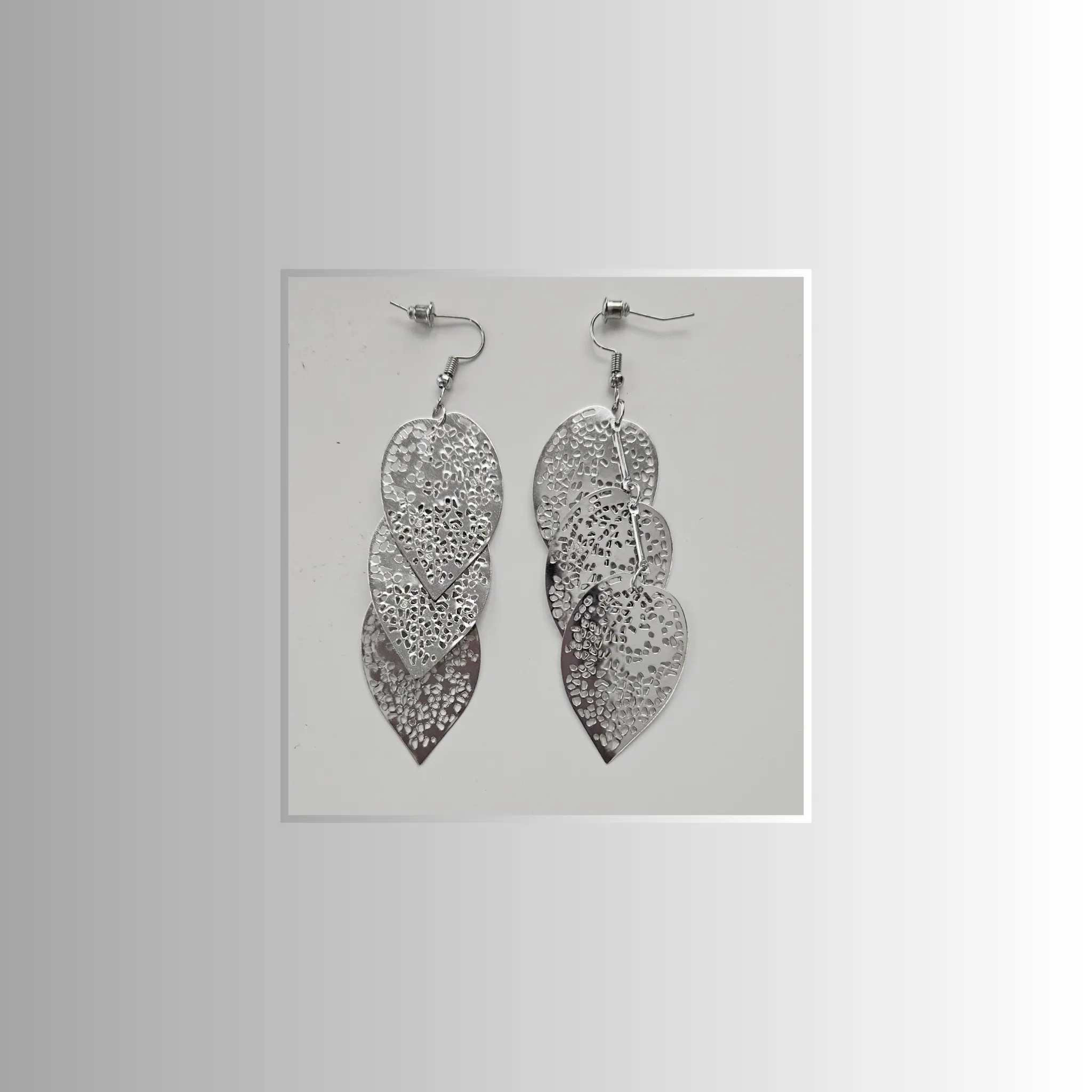 Three Leaf Silver Long Drop Earrings