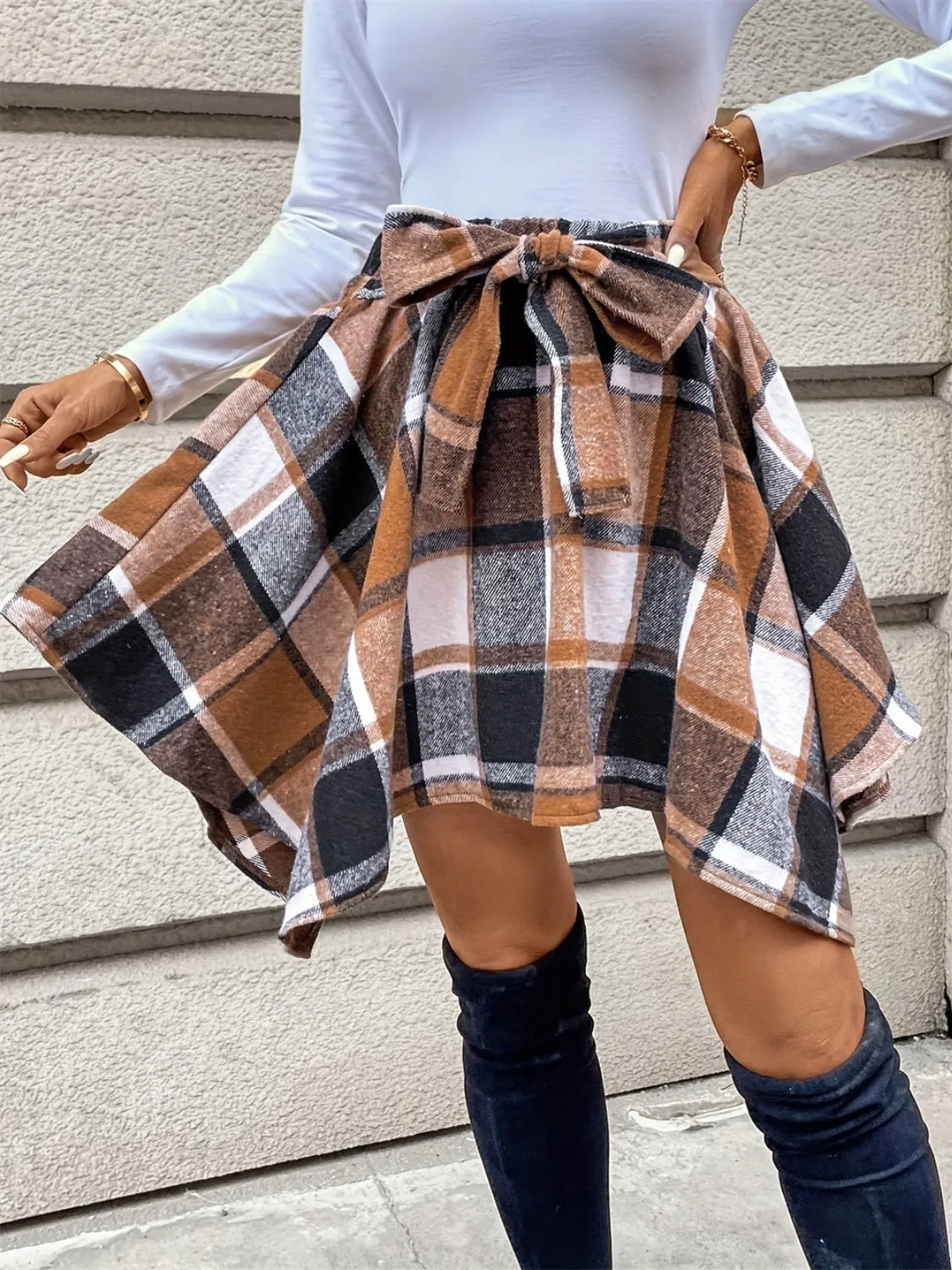 Tied Plaid Asymmetrical Hem Skirt | Fall Fashion Trends