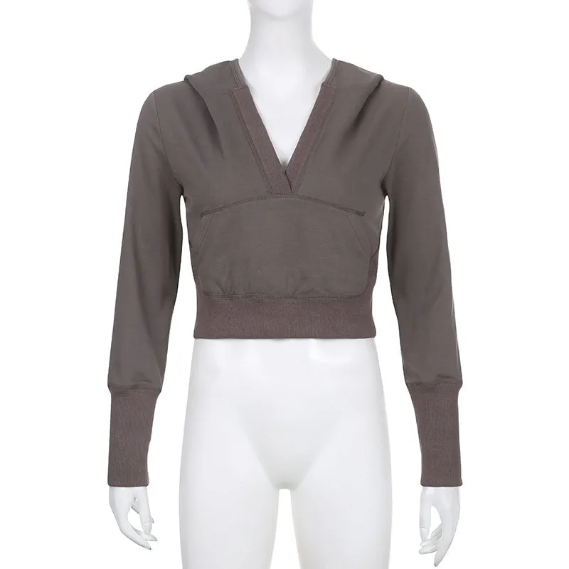 V-neck hooded casual thin sweatshirt for spice girls multi-pockets dew umbilical top