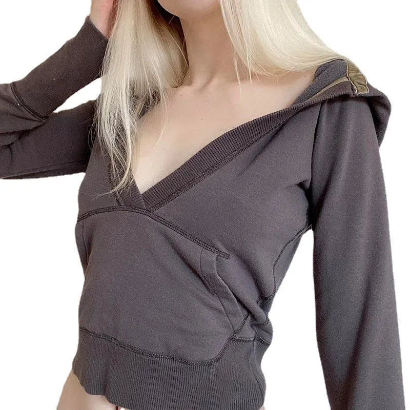 V-neck hooded casual thin sweatshirt for spice girls multi-pockets dew umbilical top