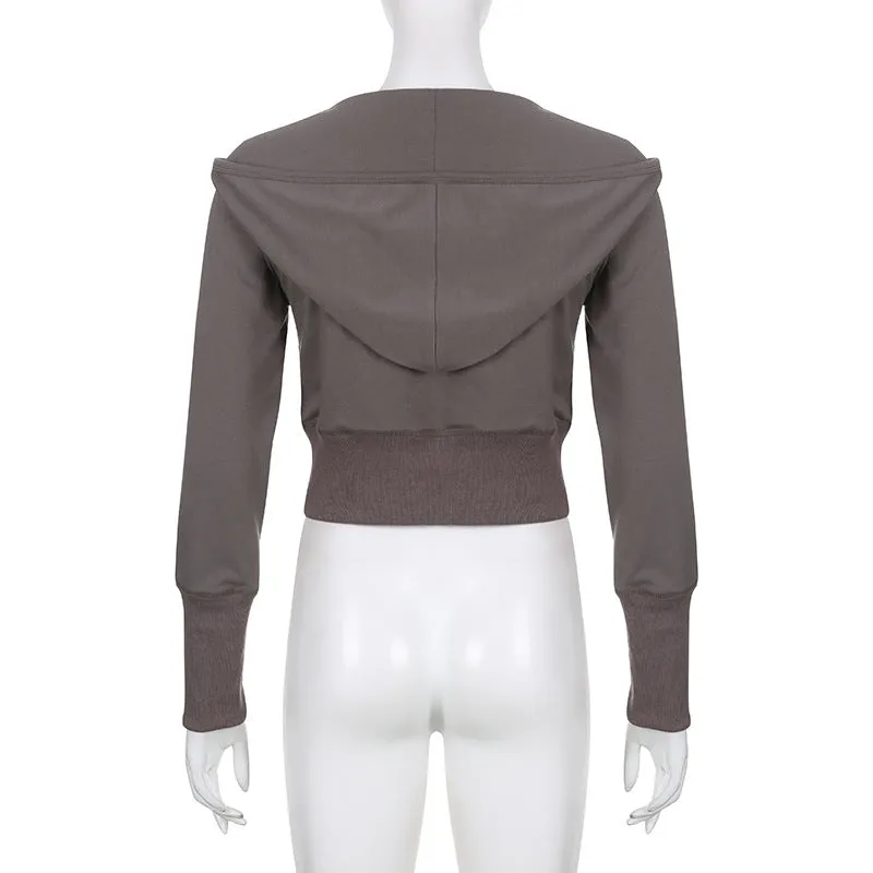 V-neck hooded casual thin sweatshirt for spice girls multi-pockets dew umbilical top