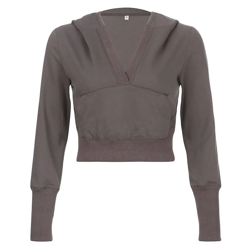 V-neck hooded casual thin sweatshirt for spice girls multi-pockets dew umbilical top