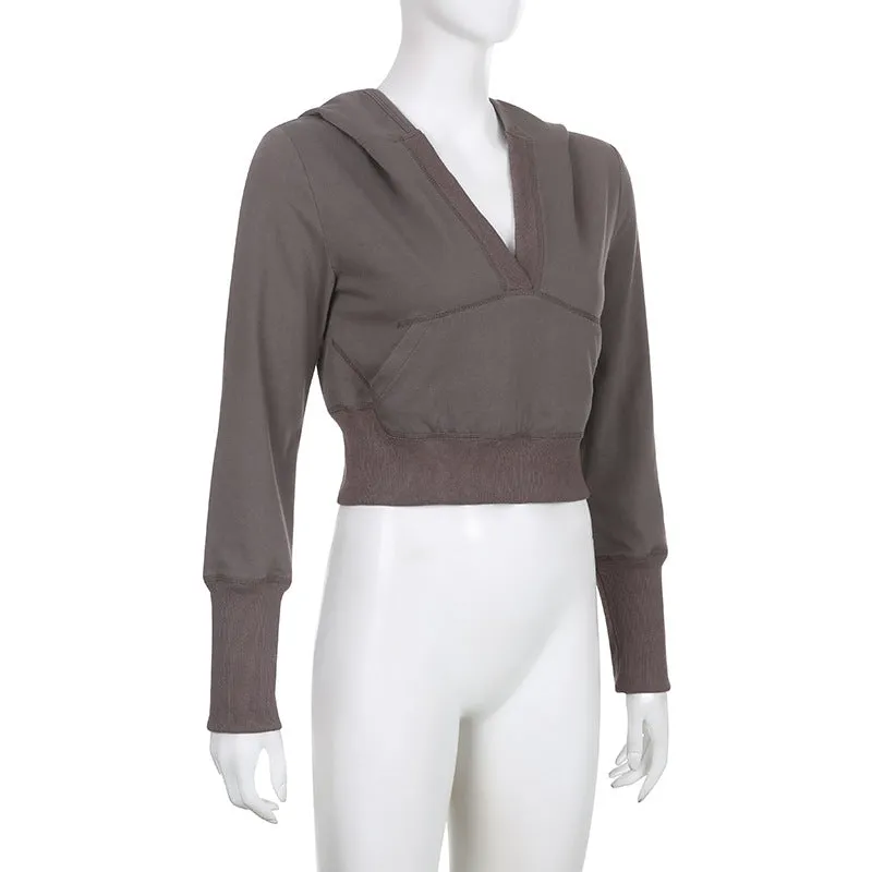 V-neck hooded casual thin sweatshirt for spice girls multi-pockets dew umbilical top