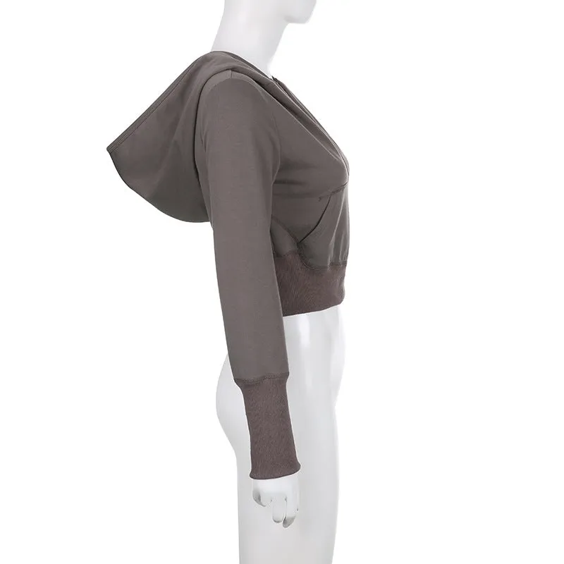 V-neck hooded casual thin sweatshirt for spice girls multi-pockets dew umbilical top
