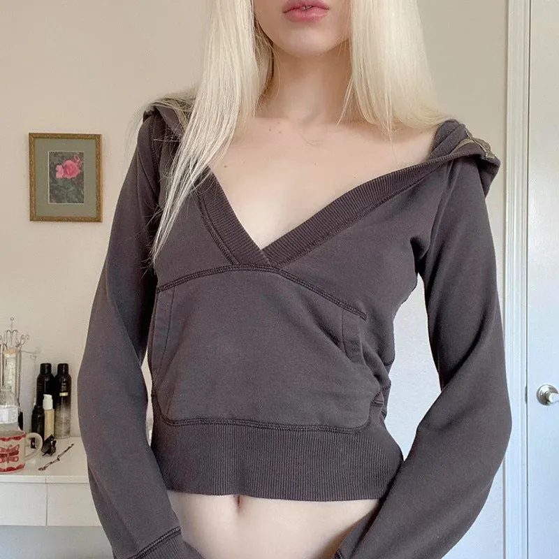V-neck hooded casual thin sweatshirt for spice girls multi-pockets dew umbilical top