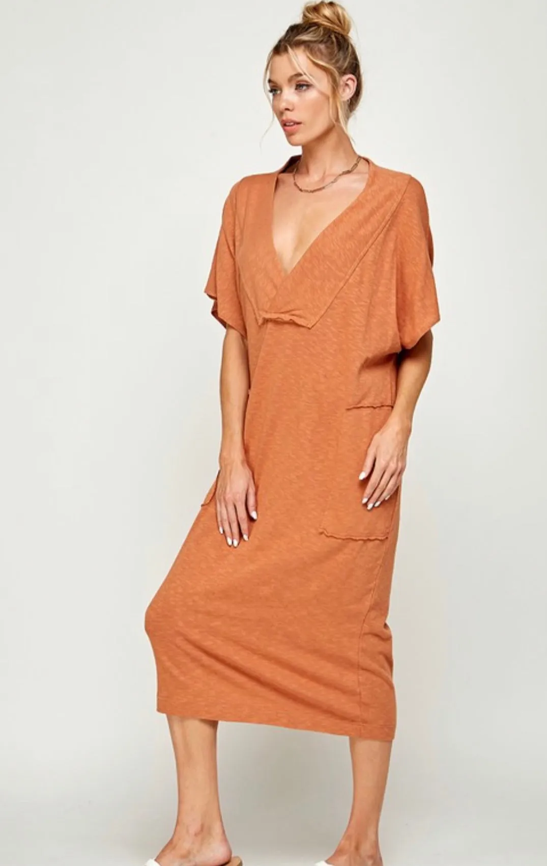 V-Neck Short Sleeve Midi Dress
