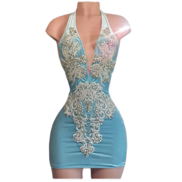 V-neck Sparkly Silver Beaded Women Birthday Party Gowns Short Prom Dress, MD6975