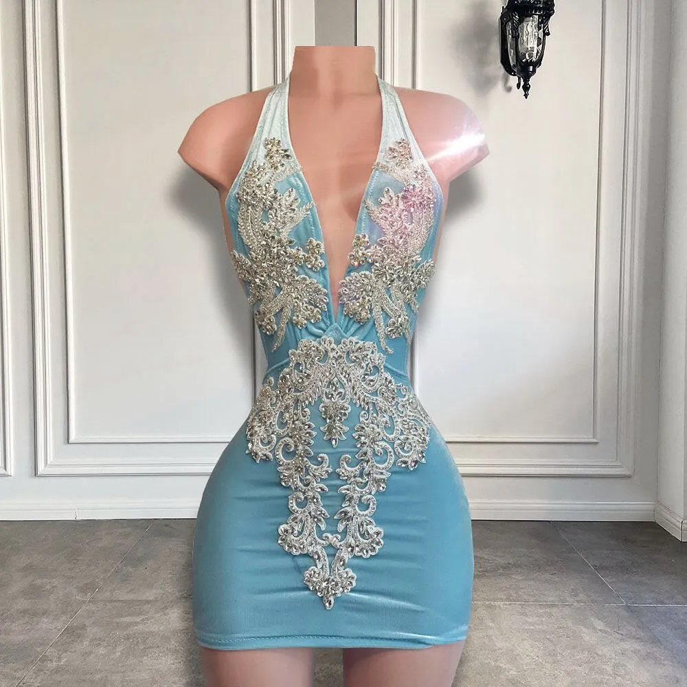 V-neck Sparkly Silver Beaded Women Birthday Party Gowns Short Prom Dress, MD6975