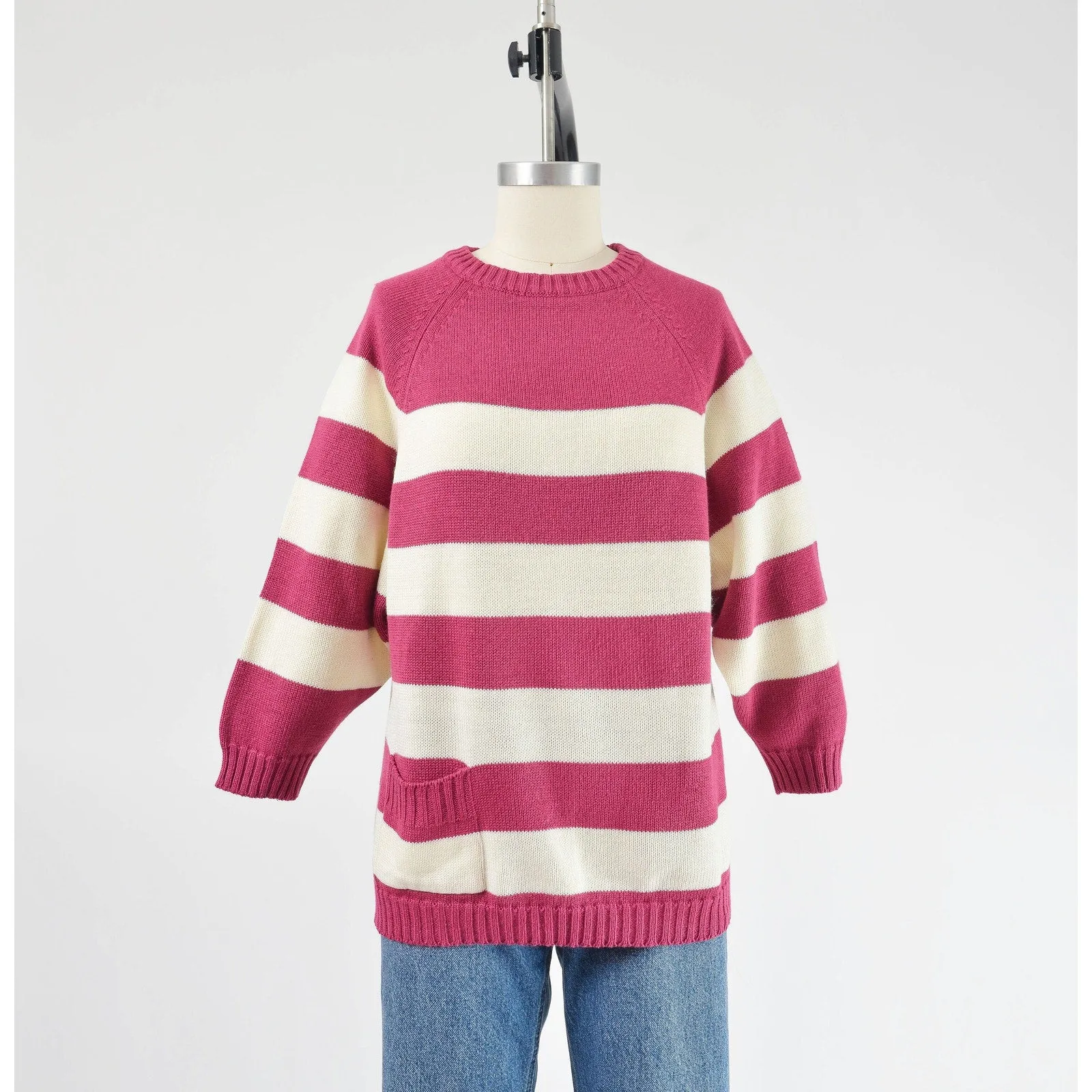 Vintage 80s Striped White Raspberry Acrylic Raglan Sleeve Sweater with Pocket S M