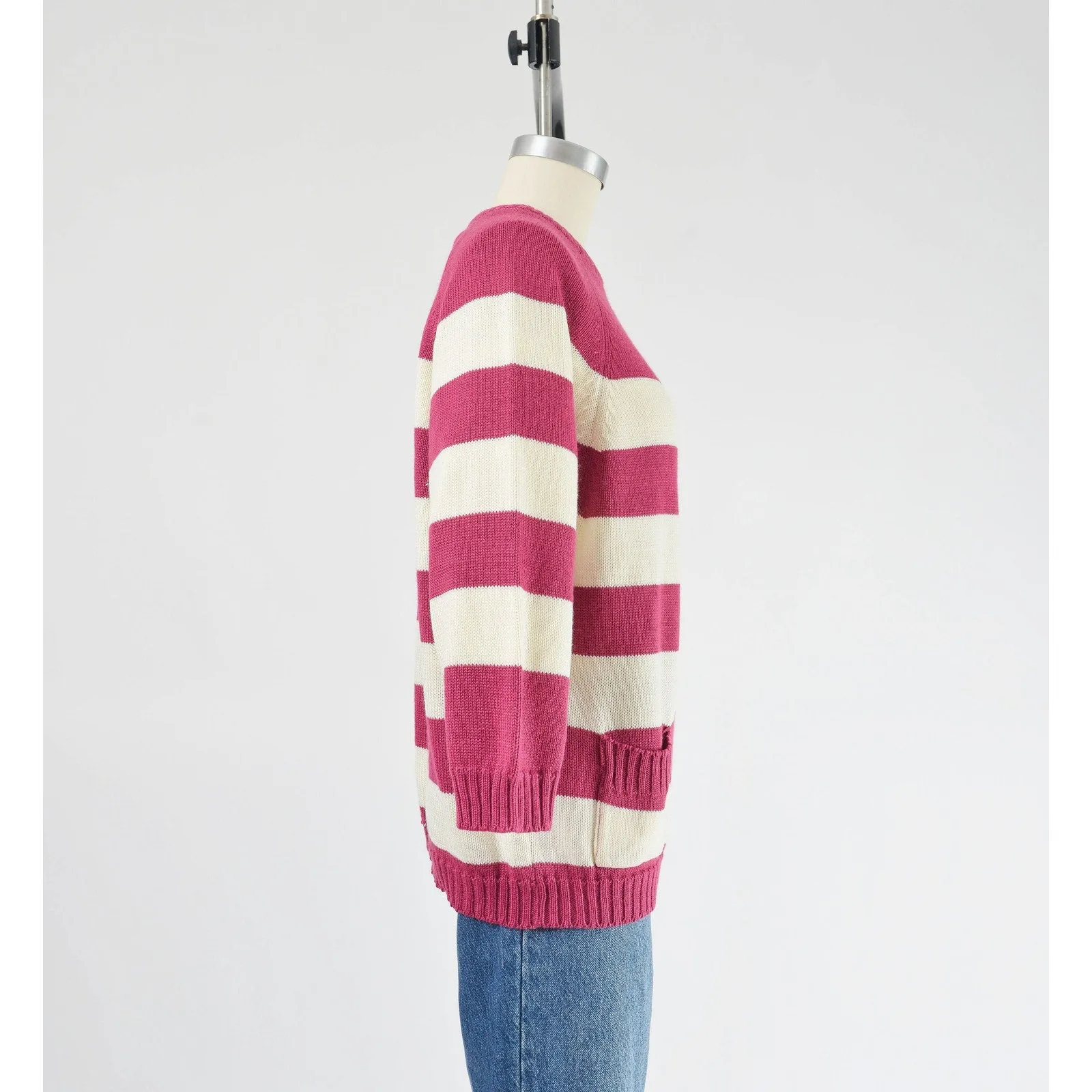 Vintage 80s Striped White Raspberry Acrylic Raglan Sleeve Sweater with Pocket S M