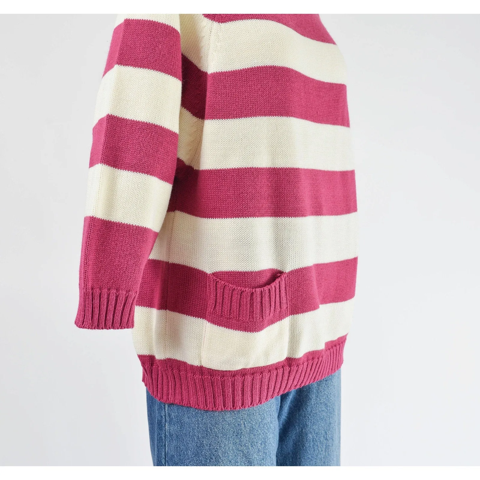 Vintage 80s Striped White Raspberry Acrylic Raglan Sleeve Sweater with Pocket S M