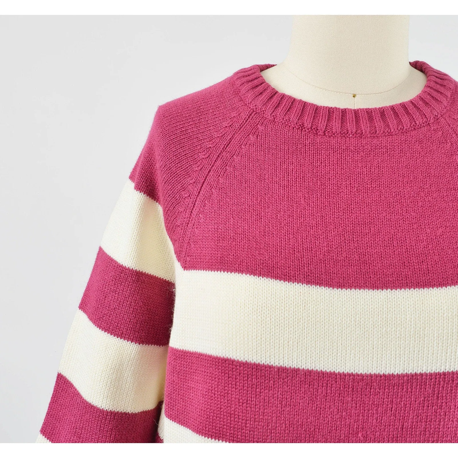 Vintage 80s Striped White Raspberry Acrylic Raglan Sleeve Sweater with Pocket S M