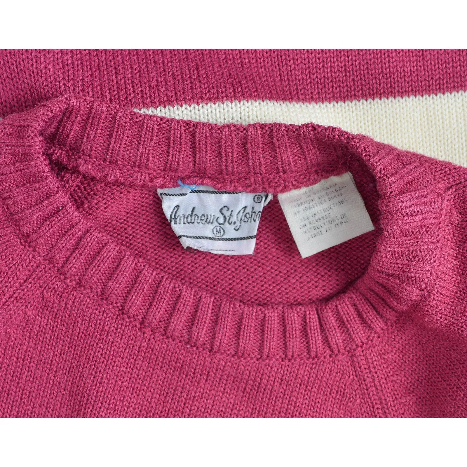 Vintage 80s Striped White Raspberry Acrylic Raglan Sleeve Sweater with Pocket S M