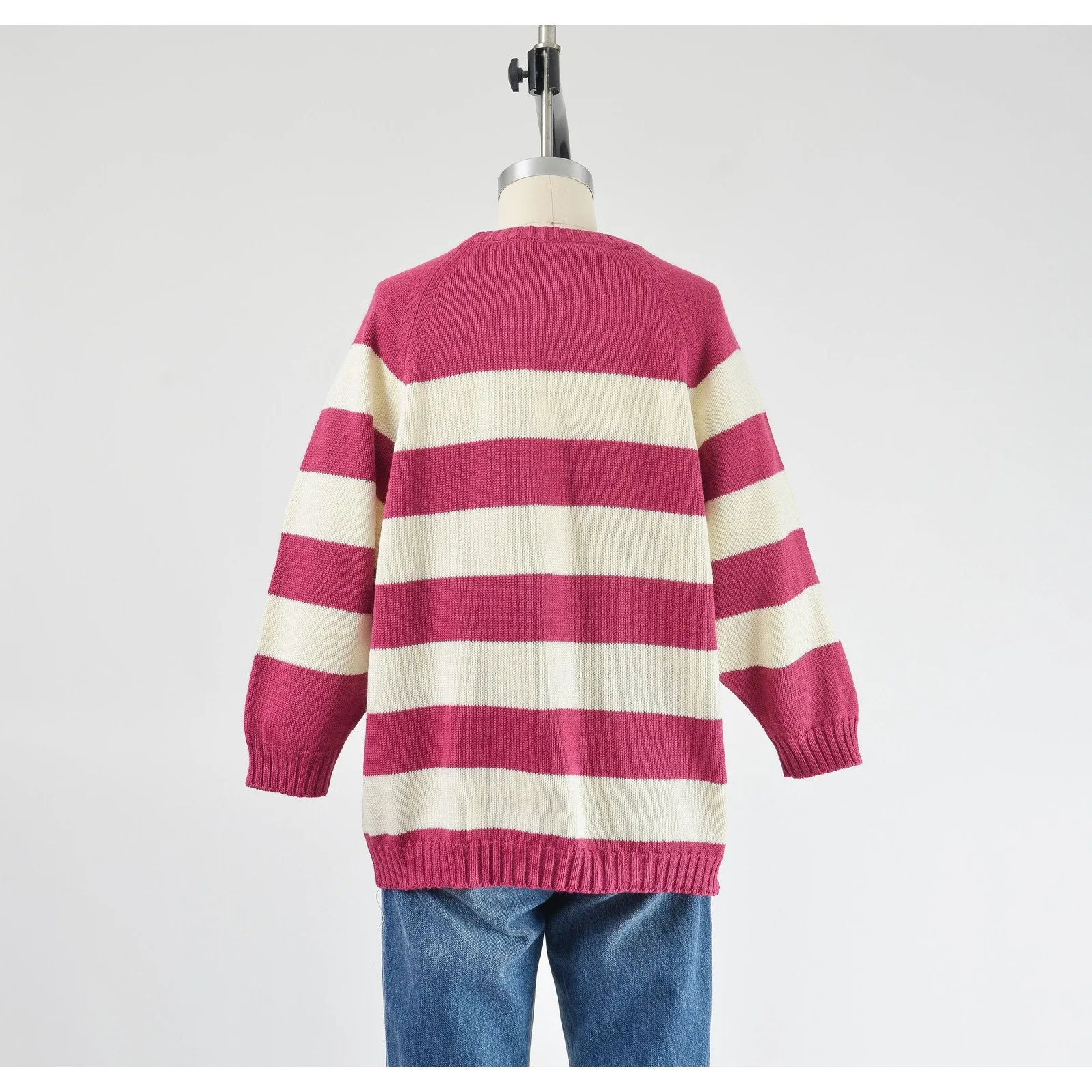 Vintage 80s Striped White Raspberry Acrylic Raglan Sleeve Sweater with Pocket S M