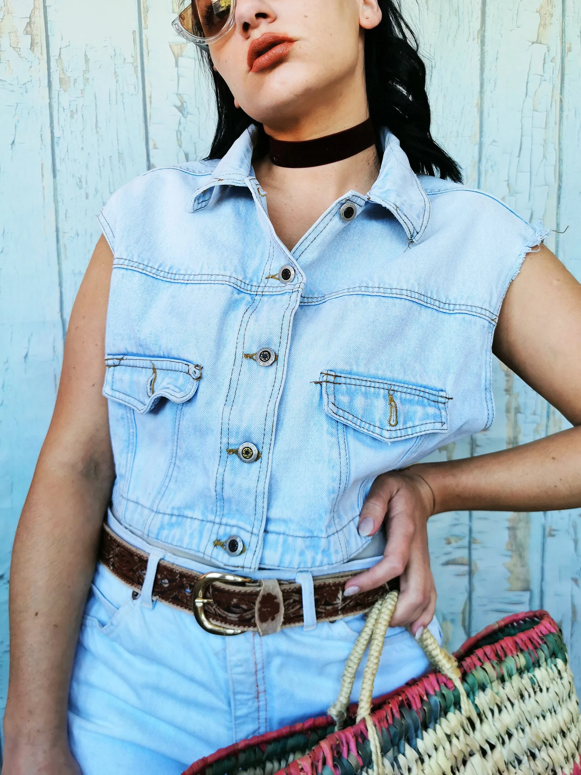 Vintage 90s minimalist blue distressed denim vest gilet top