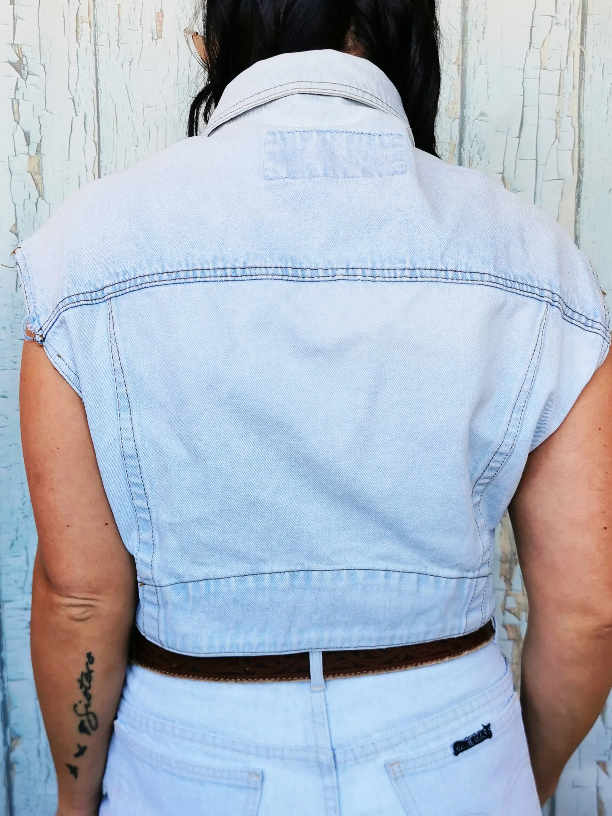 Vintage 90s minimalist blue distressed denim vest gilet top