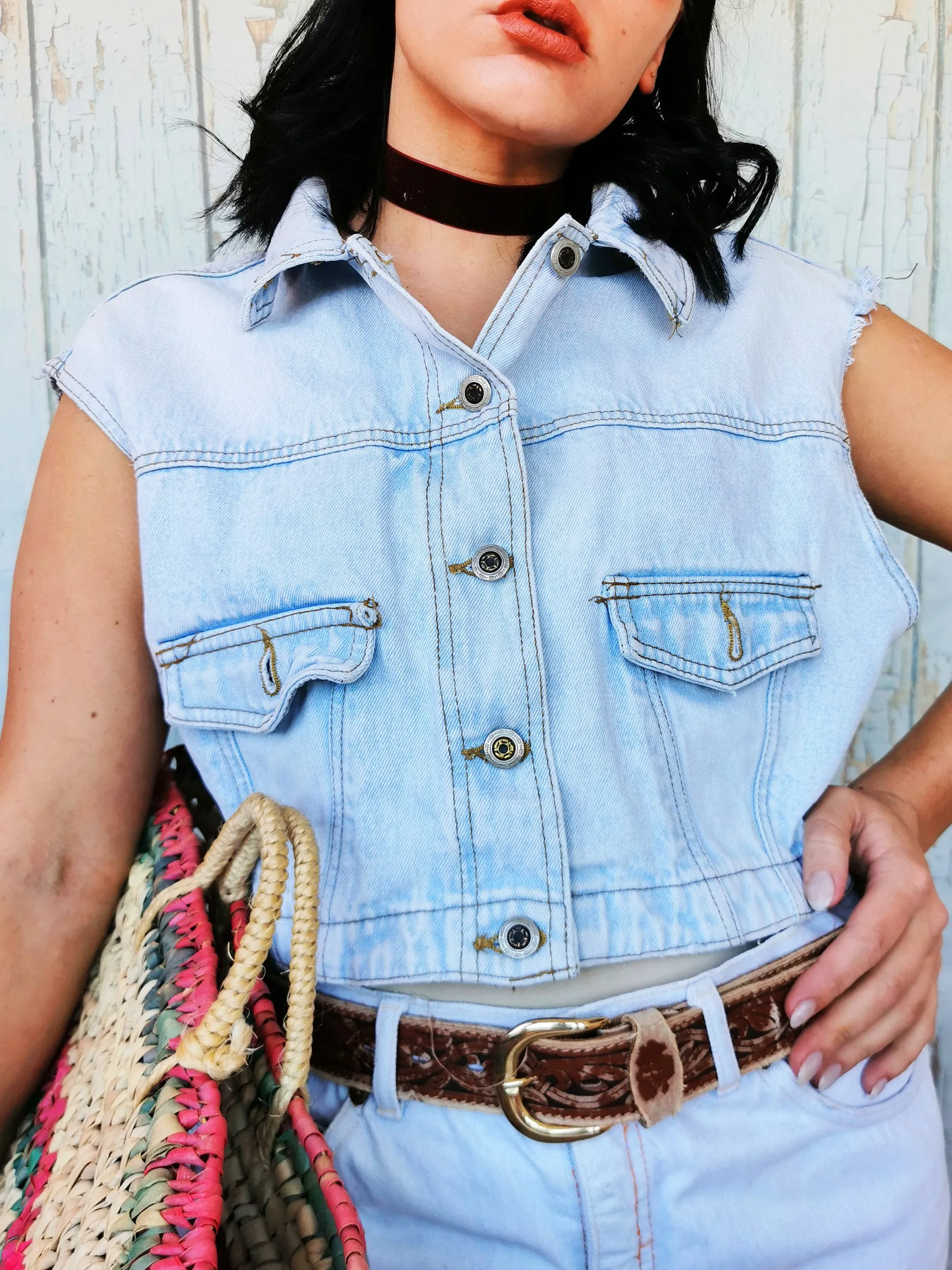 Vintage 90s minimalist blue distressed denim vest gilet top