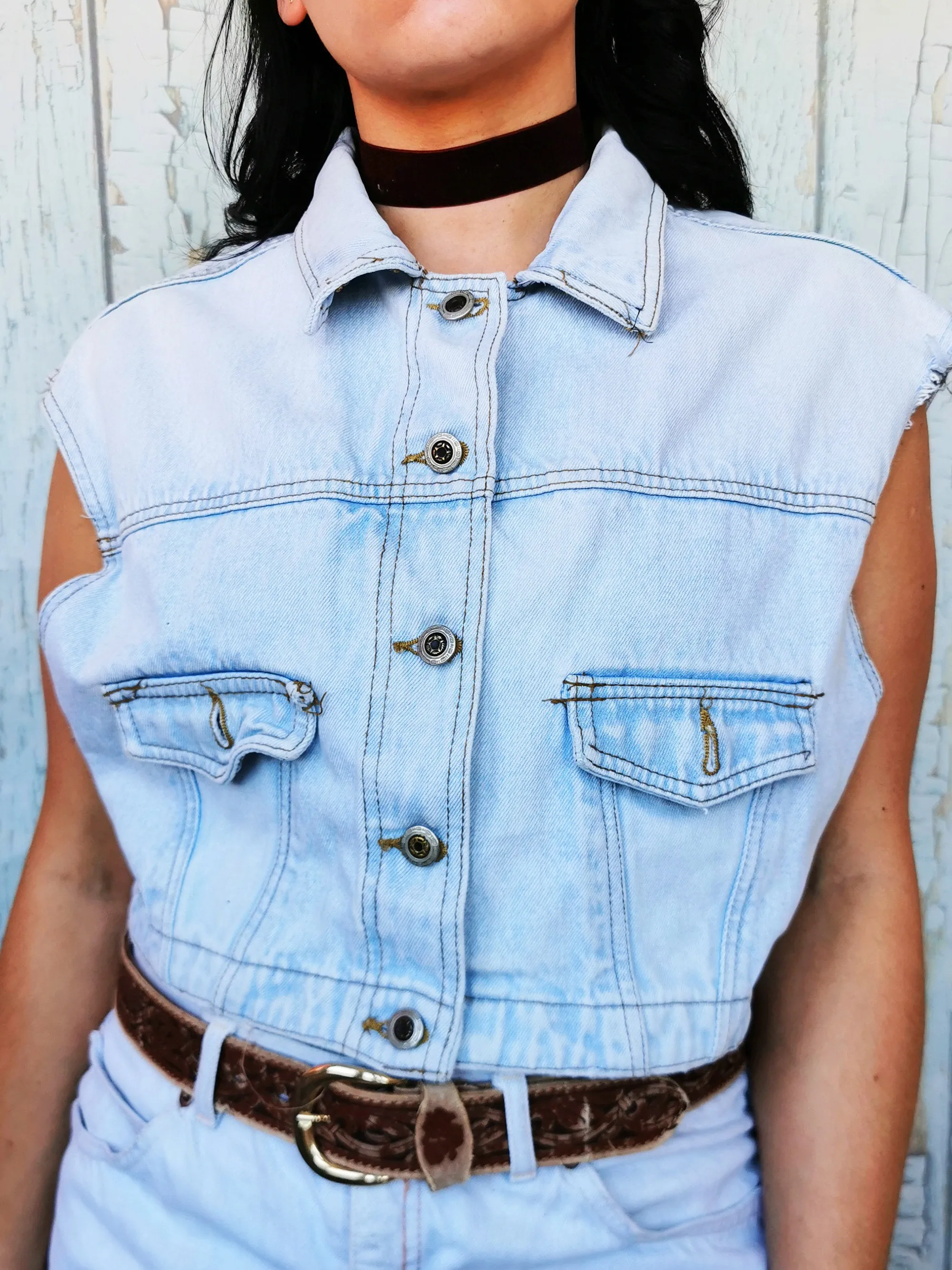 Vintage 90s minimalist blue distressed denim vest gilet top