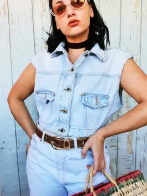 Vintage 90s minimalist blue distressed denim vest gilet top