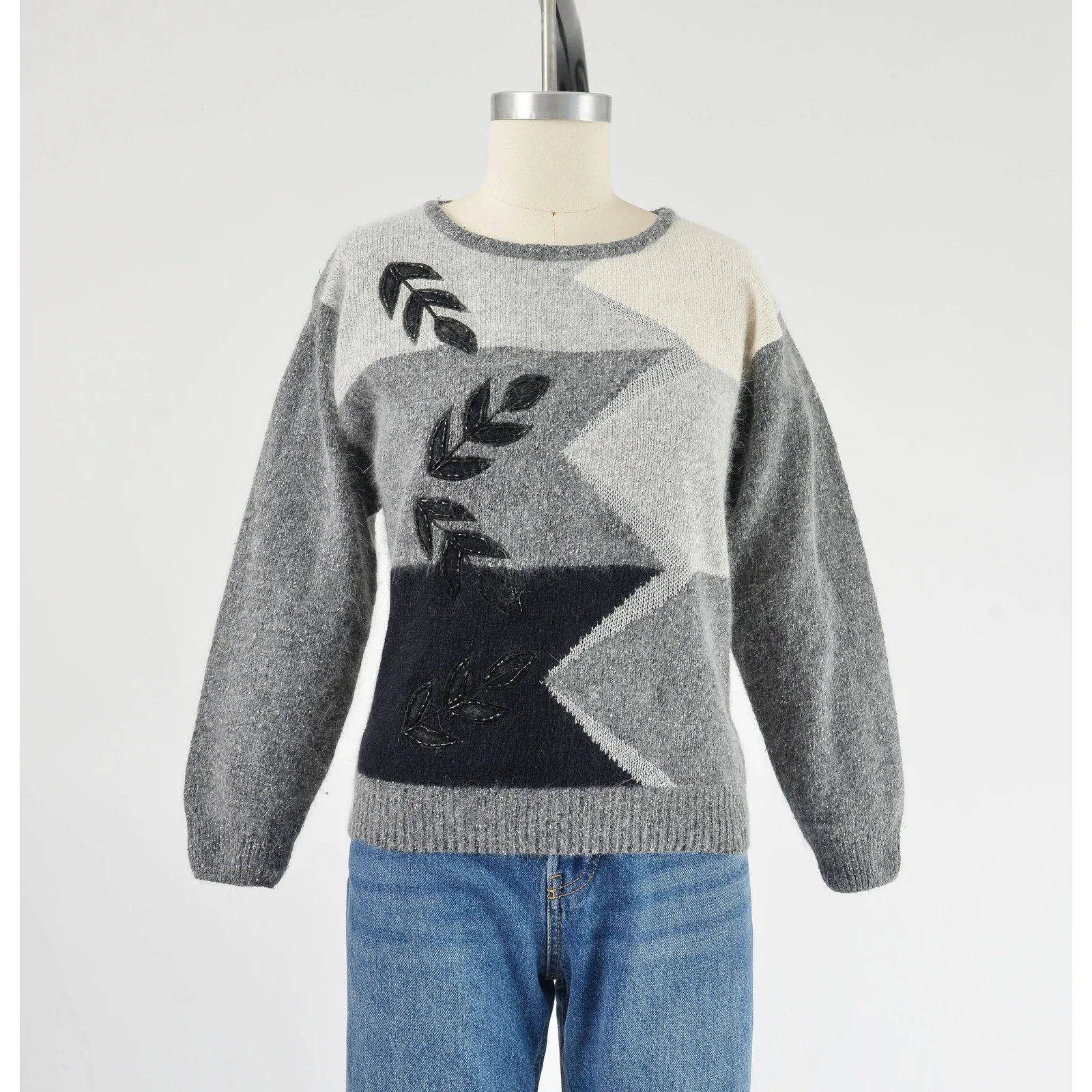 Vintage Gray and Black Silk Angora Beaded Leaf Slouchy Knit Sweater XS S