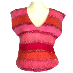 Vintage Mohair Sweater with Red Pink and Orange Striped Color Blocking. Circa 1980s