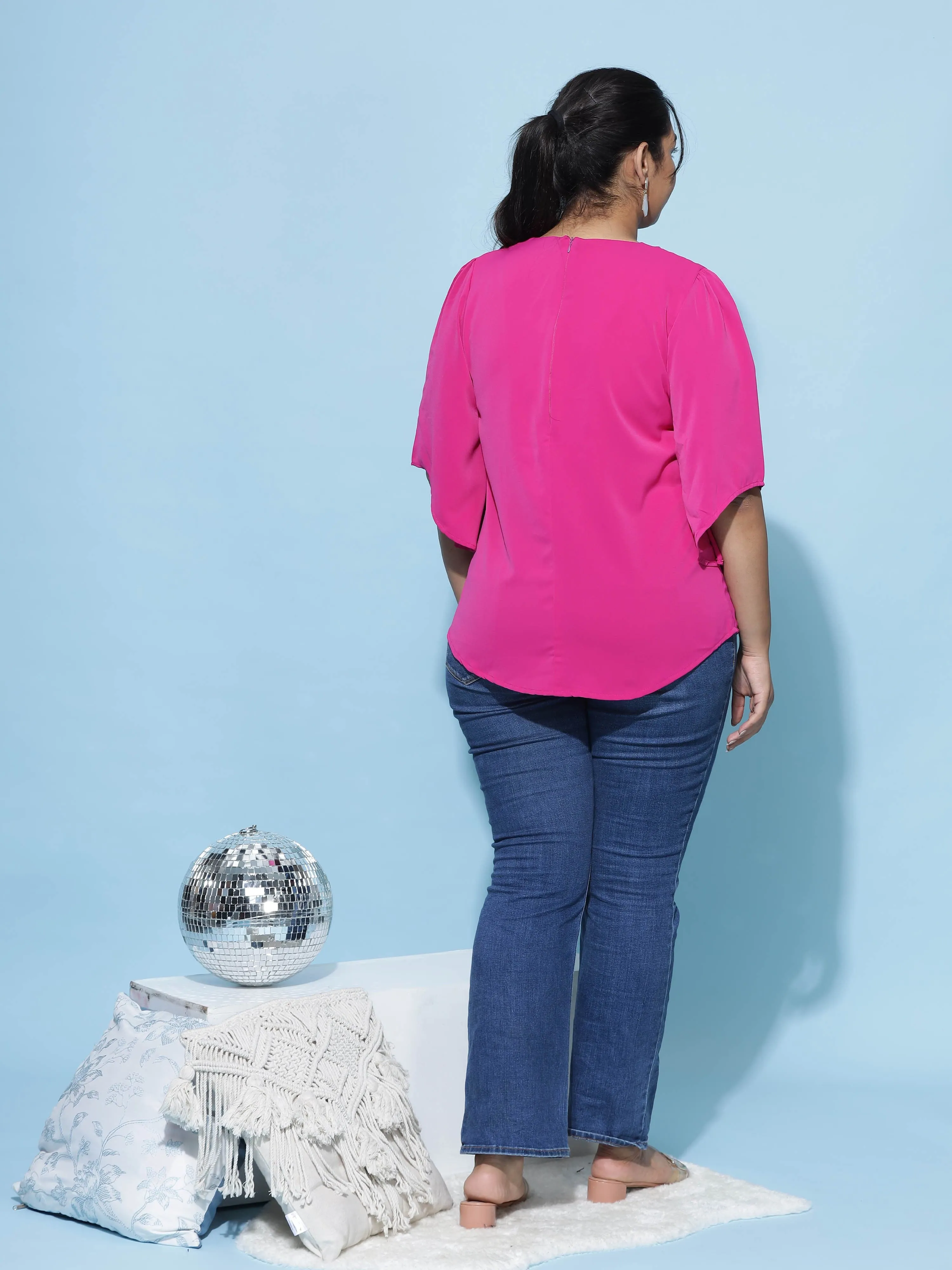Viscose Blend Top Round Neck With Zip Magenta Pink