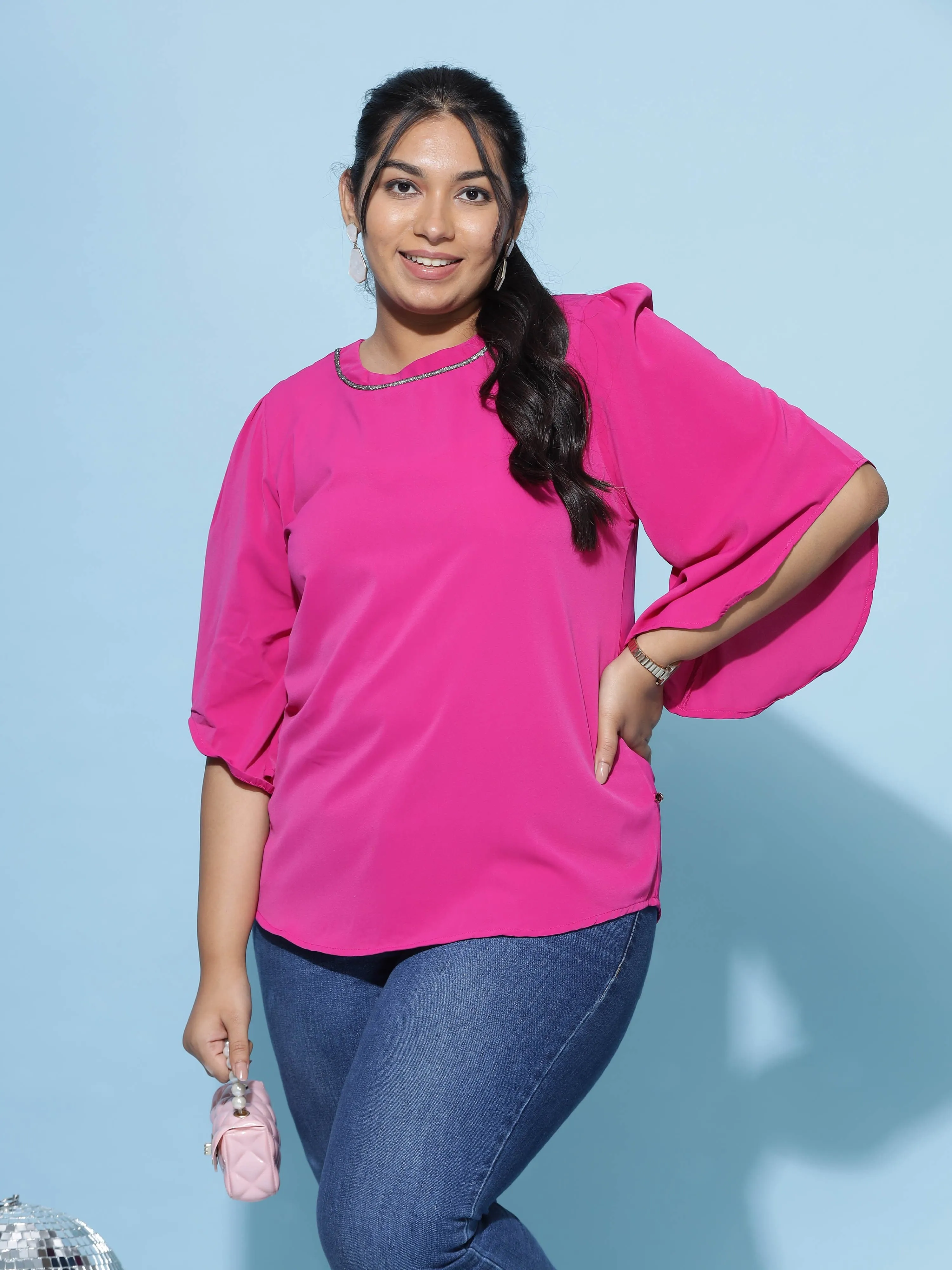 Viscose Blend Top Round Neck With Zip Magenta Pink