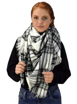 Warm Tartan Plaid Woven Oversized Fringe Scarf Blanket Shawl Wrap Black White