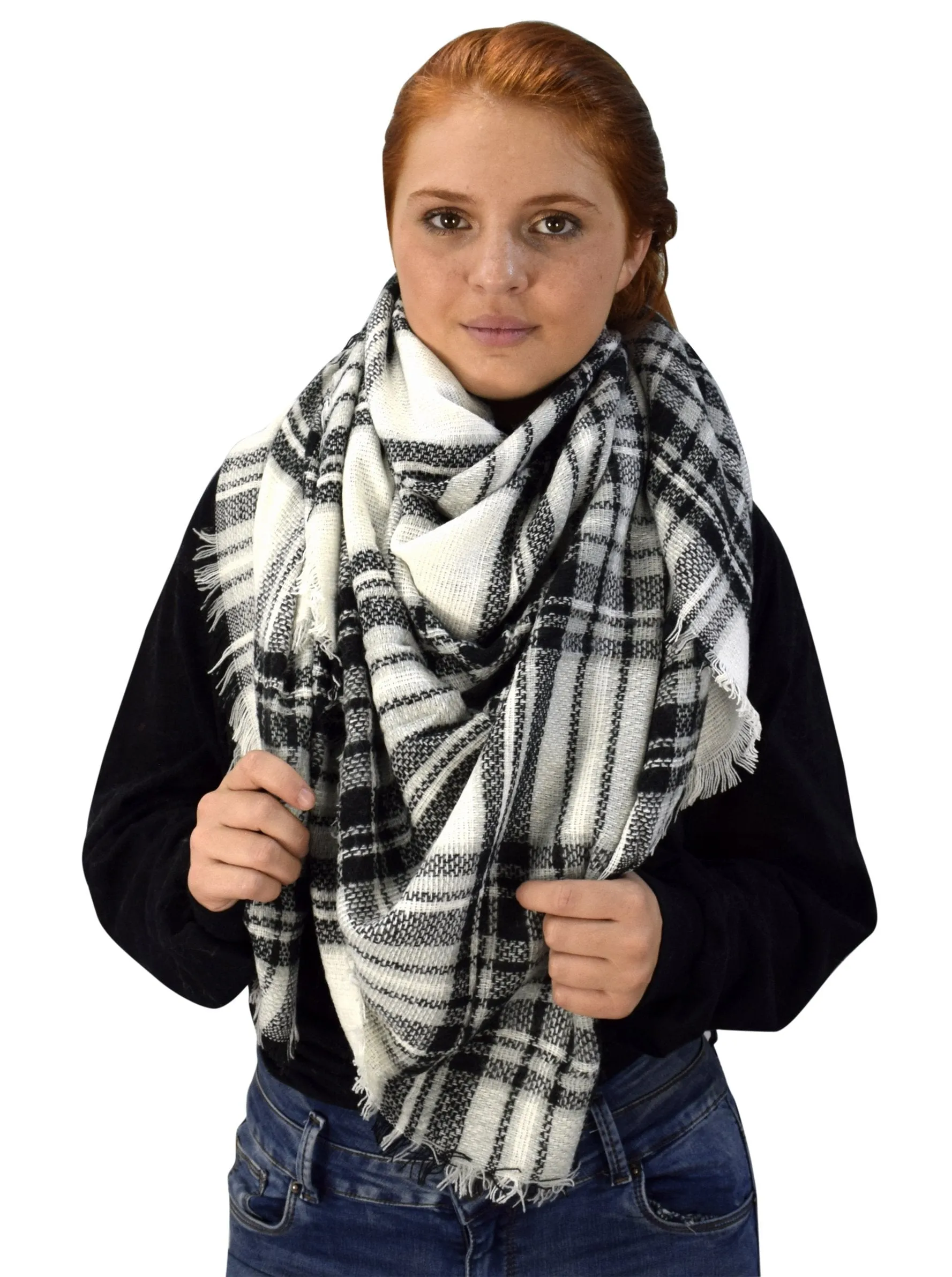 Warm Tartan Plaid Woven Oversized Fringe Scarf Blanket Shawl Wrap Black White