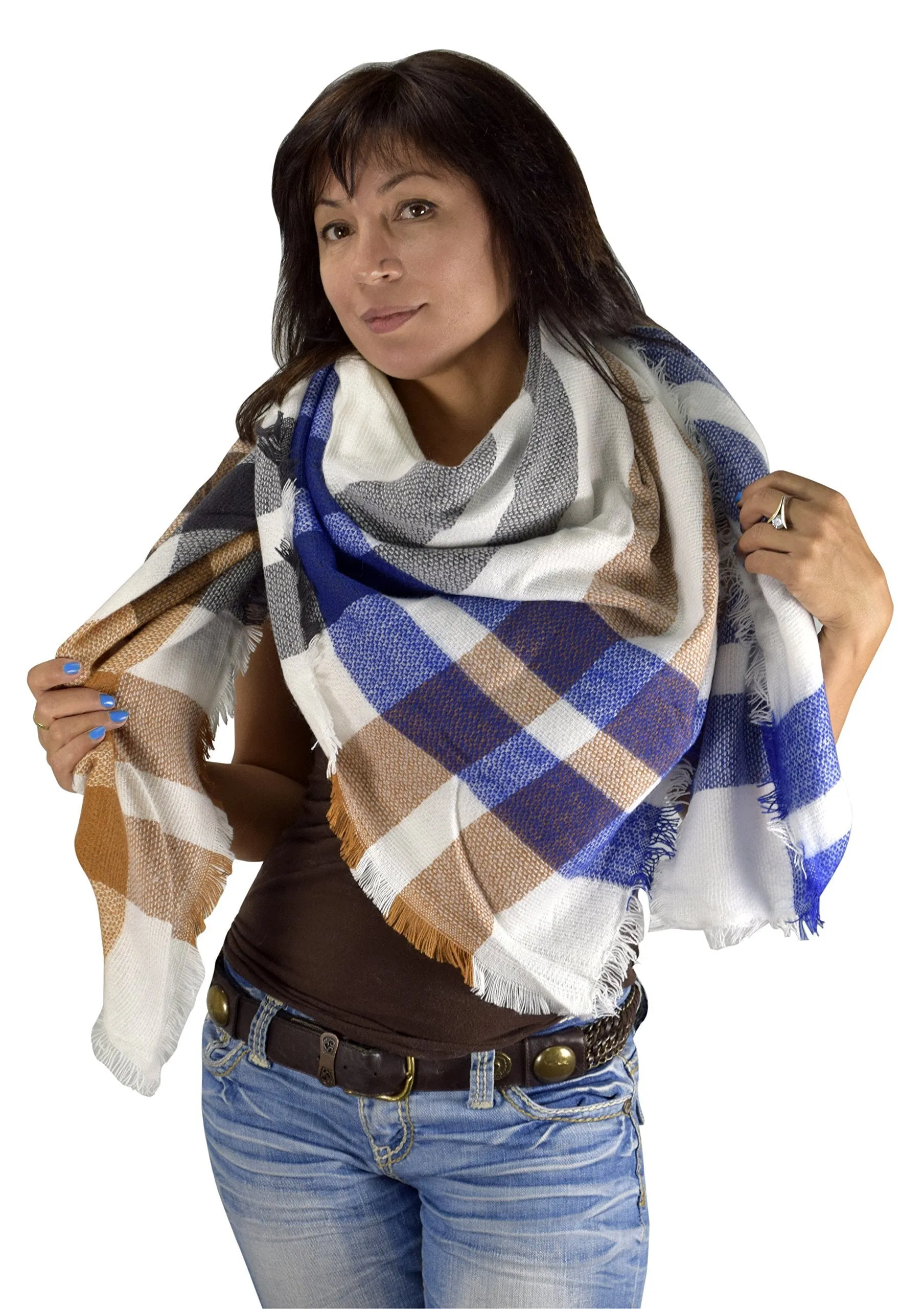 Warm Tartan Plaid Woven Oversized Fringe Scarf Blanket Shawl Wrap Blue Tan