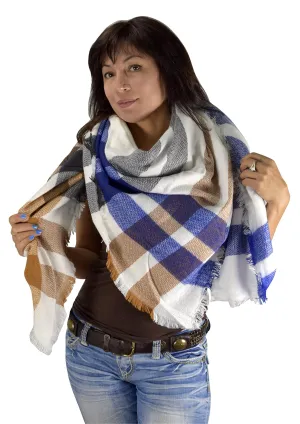 Warm Tartan Plaid Woven Oversized Fringe Scarf Blanket Shawl Wrap Blue Tan