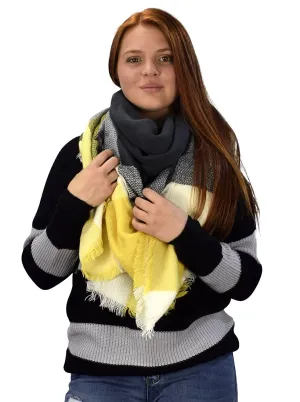 Warm Woven Oversized Tartan Plaid Blanket Scarf Shawl Yellow Gray