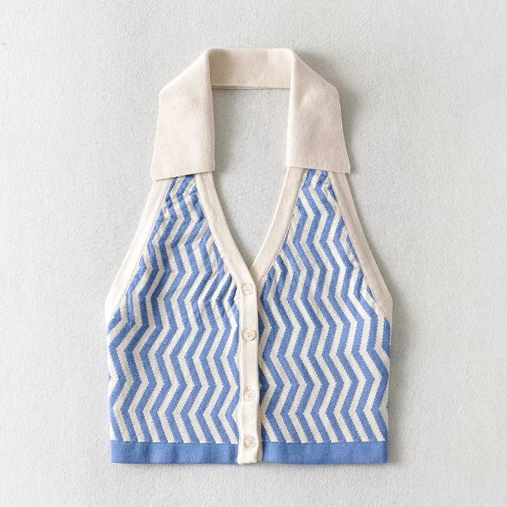 Wave pattern halter neck Lapel Collar crop vest for women 2021 knitted top knitwear Sweater