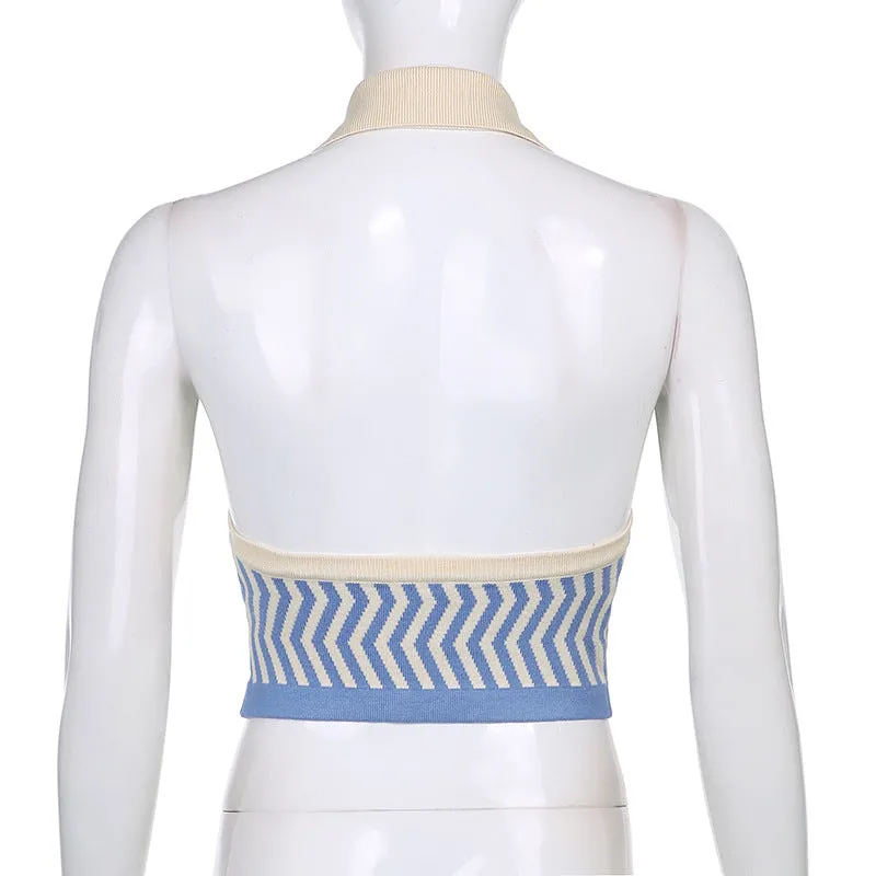 Wave pattern halter neck Lapel Collar crop vest for women 2021 knitted top knitwear Sweater