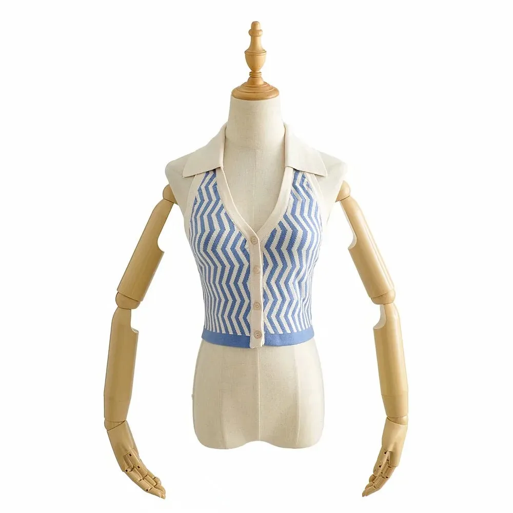 Wave pattern halter neck Lapel Collar crop vest for women 2021 knitted top knitwear Sweater