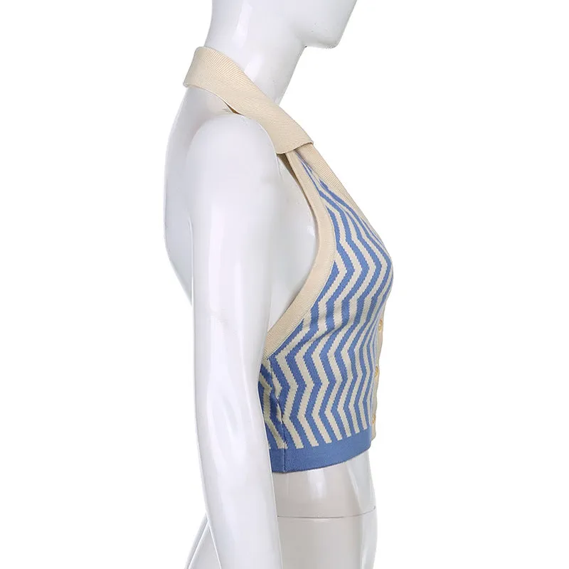 Wave pattern halter neck Lapel Collar crop vest for women 2021 knitted top knitwear Sweater