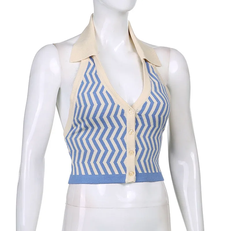 Wave pattern halter neck Lapel Collar crop vest for women 2021 knitted top knitwear Sweater