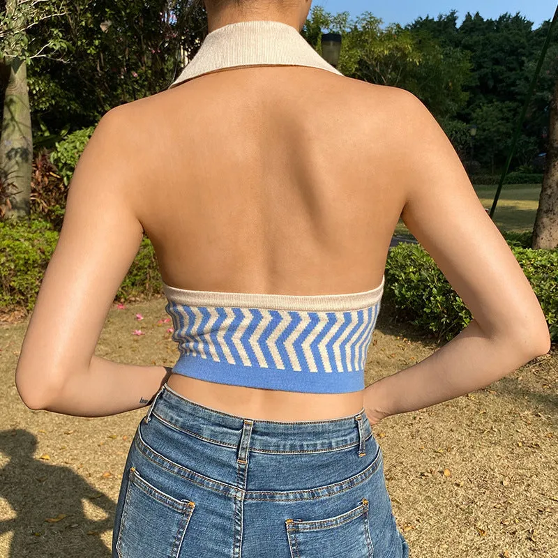 Wave pattern halter neck Lapel Collar crop vest for women 2021 knitted top knitwear Sweater